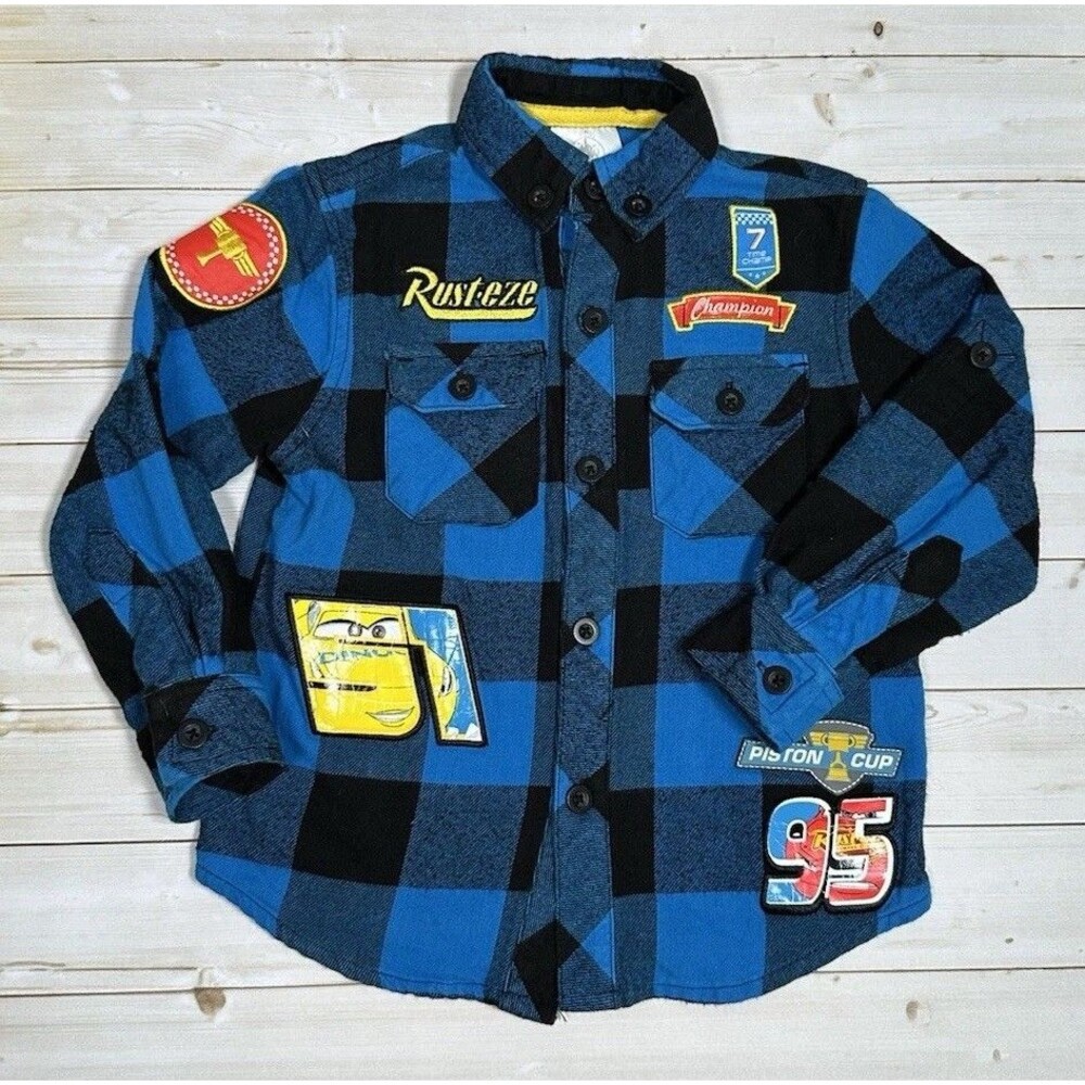 Disney Store Cars Blue Plaid Flannel Button Up Down Shirt Toddler Sz 3 3T Dinoco